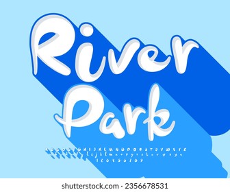 Vector bright template River Park. Creative 3D Font with Big Shadow. Artistic Alphabet Letters, Numbers and Symbols.