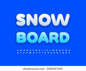 Vector bright template Snowboard for Active, Sports, Travel signs. White 3D Font. Trendy Alphabet Letters, Numbers and Symbols set