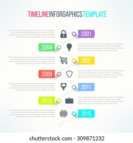 Vector bright timeline template with icons suitable for business presentations and reports.