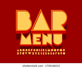 Menú Bar de señas de moda y brillante con vectores. Fuente Creativa 3D. Letras y números alfabetos de estilo retro
