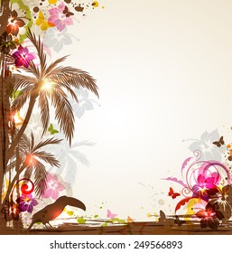 Vector bright tropical background with palms and toucan