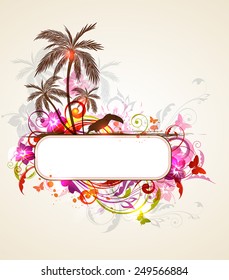 Vector bright tropical banner with palms and toucan