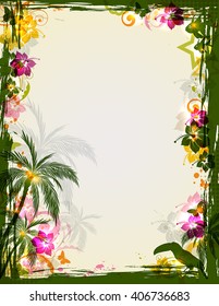 Vector bright tropical frame with palms and toucan. Summer floral background.