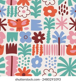 Vector bright tropical seamless pattern design with creative shapes, palm trees, flowers and birds. Funny nursery wallpaper or wrapping paper. Tribal ethnic seamless print fabric design.