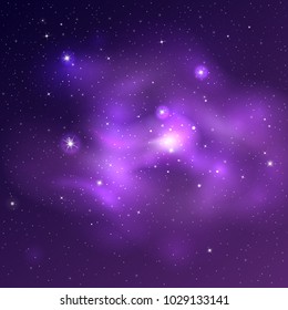 Vector bright universe background with purple and blue nebulas and shiny stars