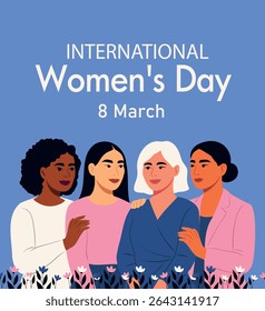 Vector bright vertical banner for International Women's Day, women of different cultures and nationalities stand together, giving support. Movements for gender equality and women's empowerment
