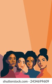 Vector bright vertical banner with place for text March 8 Women's Day, beautiful different women standing together. Movement for gender equality and women's empowerment