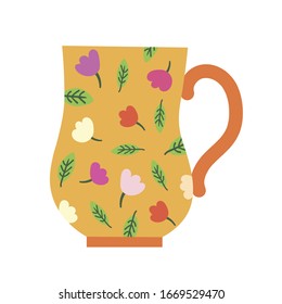 Vector bright vintage mug. Drawn by hands in naive Scandinavian style. Pastel colors, simple design. For design of surfaces, prints, wrapping paper, postcards, posters, menus. Theme of tea, coffee