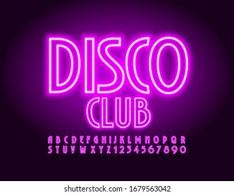 Banner violeta brillante Disco Club. Fuente Neon brillante. Letras y números alfabetos eléctricos