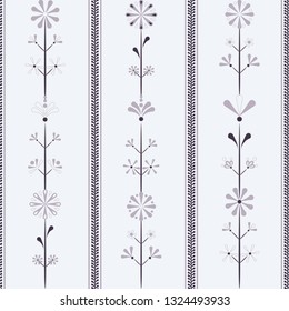 Vector Bright Violet Folklore Flowers in line with borders seamless pattern background. Perfect for fabric, scrapbooking and wallpaper projects.