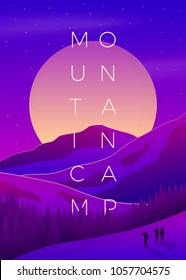 Vector bright violet summer mountain camping poster template with setting sun, forest and mountains on soft background.