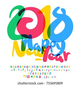 Vector bright watercolor greeting card Happy New Year 2018. Original colorful set of handmade Alphabet Letters, Numbers and Punctuation Symbols.