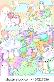 vector  bright winter background with penguins and ice cream fabulous city