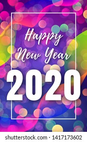 Vector bright winter poster with bokeh and white text Happy New Year in frame. Blue retro design with sparkles.