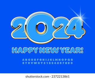 Vector bright wish card Happy New Year 2024! Glossy Blue and Golden Font. Chic Alphabet Letters and Numbers. 