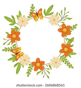 Vector Bright Wreath with Flowers, Leaves and Butterflies. Spring Botanical Illustration for Cards and Invitations with Place for Text. Frame of Flowers and Greenery for Summer Designs.