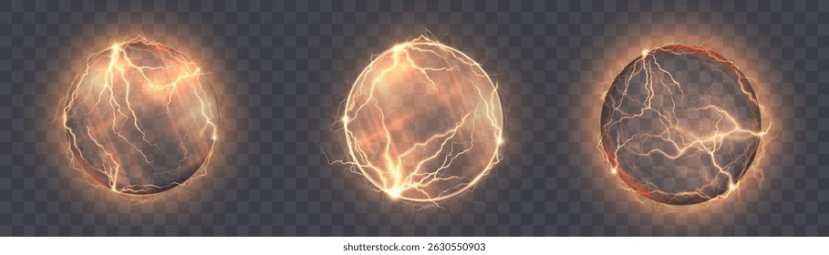 Vetor esfera elétrica amarela brilhante com relâmpago brilhante e efeito de energia de plasma. Visualização abstrata da carga atômica ou energia nuclear sobre fundo transparente.