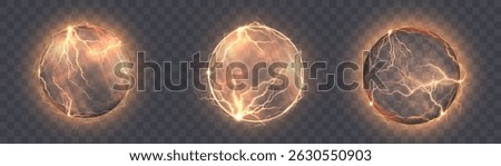 Vector bright yellow electric sphere with glowing lightning and plasma energy effect. Abstract visualization of atomic charge or nuclear energy on transparent background.