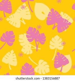 Vector bright yellow and pink tropical leaves seamless repeat pattern background. Perfect for fabric, quilting, scrapbooking, wallpaper, home decor and other creative projects.