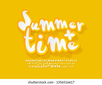 Vector bright yellow poster Summertime with Butterfly. Handwritten trendy Font. Stylish summer Alphabet Letters, Numbers and Symbols