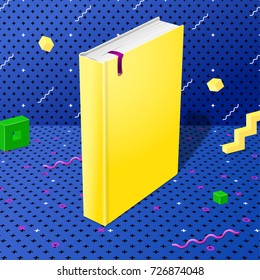 Vector bright yellow realistic book mockup on abstract memphis style background, with geometric shapes. With place for your design.