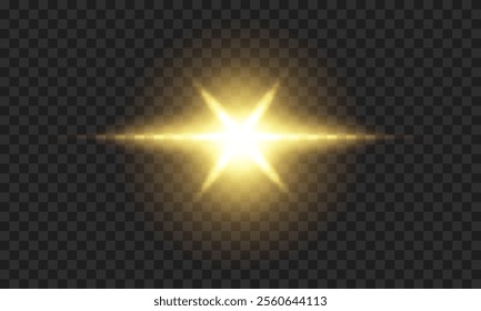 Vector bright yellow sun shine with soft rays, shining star on transparent background. Camera flash light effect is used to add sparkle to graphic projects.