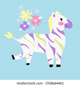 Vector bright zebra with multi-colored stripes on a blue background with flowers. Cute childish illustration with animal.