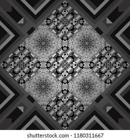 Vector Bright Zentangle. Colorful Pattern for Wallpaper, Textile, Linen, Curtains. Vintage Abstract Ornament with Tiles and Rhombus in black, white and gray Colors. Orient seamless pattern.