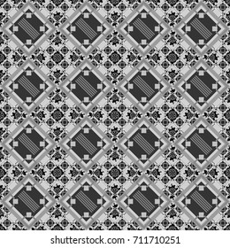 Vector Bright Zentangle. Colorful Pattern for Wallpaper, Textile, Linen, Curtains. Orient seamless pattern. Vintage Abstract Ornament with Tiles and Rhombus in gray, white and black Colors.