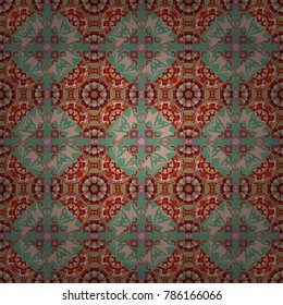 Vector Bright Zentangle. Colorful Pattern for Wallpaper, Textile, Linen, Curtains. Orient seamless pattern. Vintage Abstract Ornament with Tiles and Rhombus in red, beige and green Colors.