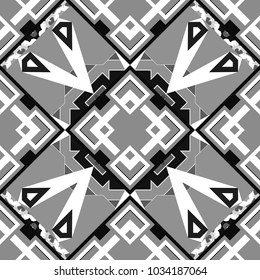 Vector Bright Zentangle. Orient seamless pattern. Vintage Abstract Ornament with Tiles and Rhombus in black, white and gray Colors. Colorful Pattern for Wallpaper, Textile, Linen, Curtains.