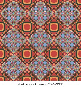 Vector Bright Zentangle. Orient seamless pattern. Vintage Abstract Ornament with Tiles and Rhombus in pink, orange and green Colors. Colorful Pattern for Wallpaper, Textile, Linen, Curtains.