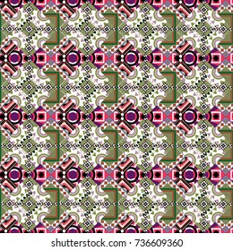 Vector Bright Zentangle. Orient seamless pattern. Vintage Abstract Ornament with Tiles and Rhombus in pink, white and green Colors. Colorful Pattern for Wallpaper, Textile, Linen, Curtains.