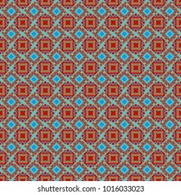 Vector Bright Zentangle. Vintage Abstract Ornament with Tiles and Rhombus in red, green and blue Colors. Colorful Pattern for Wallpaper, Textile, Linen, Curtains. Orient seamless pattern.