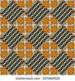 Vector Bright Zentangle. Vintage Abstract Ornament with Tiles and Rhombus in brown, black and blue Colors. Colorful Pattern for Wallpaper, Textile, Linen, Curtains. Orient seamless pattern.