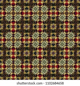 Vector Bright Zentangle. Vintage Abstract Ornament with Tiles and Rhombus in black, brown and green Colors. Orient seamless pattern. Colorful Pattern for Wallpaper, Textile, Linen, Curtains.