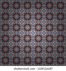 Vector Bright Zentangle. Vintage Abstract Ornament with Tiles and Rhombus in blue, beige and gray Colors. Orient seamless pattern. Colorful Pattern for Wallpaper, Textile, Linen, Curtains.