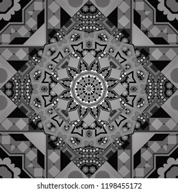 Vector Bright Zentangle. Vintage Abstract Ornament with Tiles and Rhombus in gray, black and white Colors. Orient seamless pattern. Colorful Pattern for Wallpaper, Textile, Linen, Curtains.