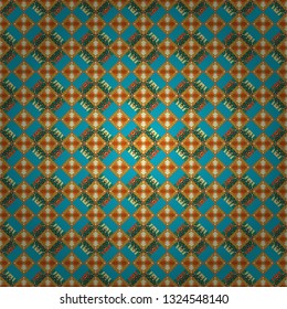 Vector Bright Zentangle. Vintage Abstract Ornament with Tiles and Rhombus in blue, yellow and orange Colors. Colorful Pattern for Wallpaper, Textile, Linen, Curtains. Orient seamless pattern.