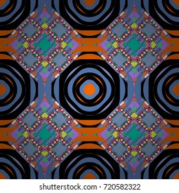 Vector Bright Zentangle. Vintage Abstract Ornament with Tiles and Rhombus in black, orange and blue Colors. Colorful Pattern for Wallpaper, Textile, Linen, Curtains. Orient seamless pattern.