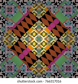 Vector Bright Zentangle. Vintage Abstract Ornament with Tiles and Rhombus in white, orange and black Colors. Colorful Pattern for Wallpaper, Textile, Linen, Curtains. Orient seamless pattern.