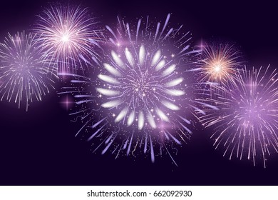 Vector Brightly Colorful Fireworks on night sky background.