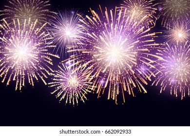 Vector Brightly Colorful Fireworks on night sky background.