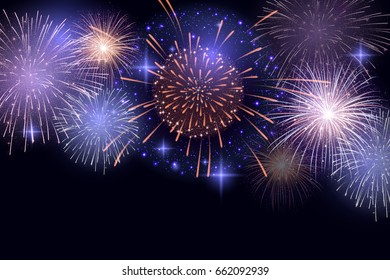 Vector Brightly Colorful Fireworks on night sky background.