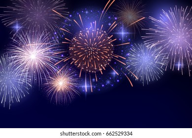 Vector Brightly Colorful Fireworks on night sky background.