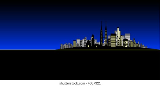 Vector - Brightly lit modern city in night time / dusk.