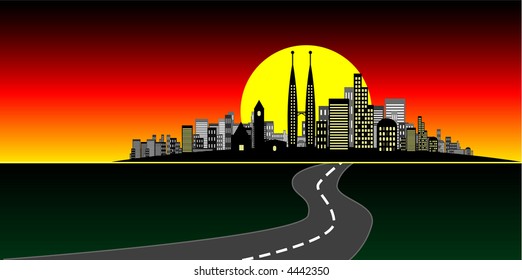 Vetor - cidade moderna iluminada ao pôr do sol.