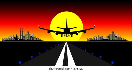 Vector - Ciudad moderna iluminada con un avión aterrizando en una pista al atardecer.