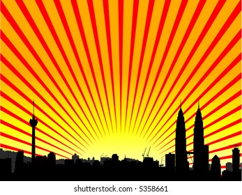 Vector - Ciudad moderna iluminada con reflecciones y efecto de arranque.