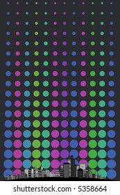 Vector - Ciudad moderna iluminada con puntos de media tonalidad, efecto retro.